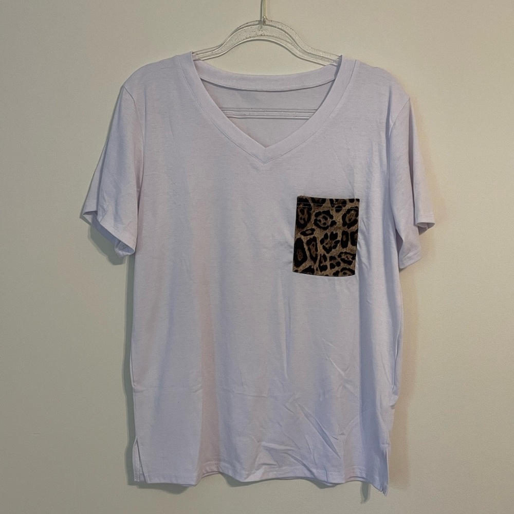 White T-Shirt with Cheetah Pocket